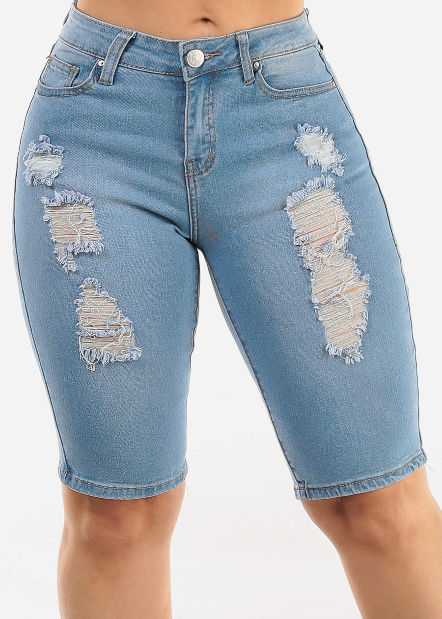 Stretchy Mid Rise Ripped Light Denim Bermuda Shorts
