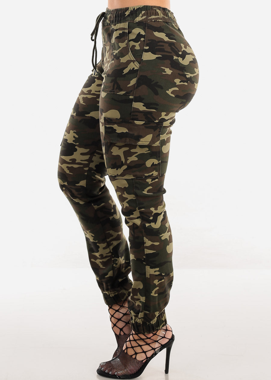 Drawstring Waist Hyper Stretch Camo Cargo Jogger Pants