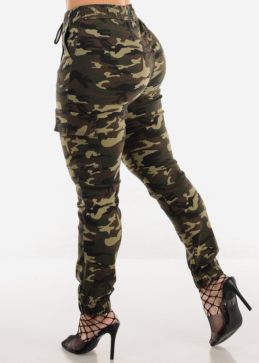 Drawstring Waist Hyper Stretch Camo Cargo Jogger Pants