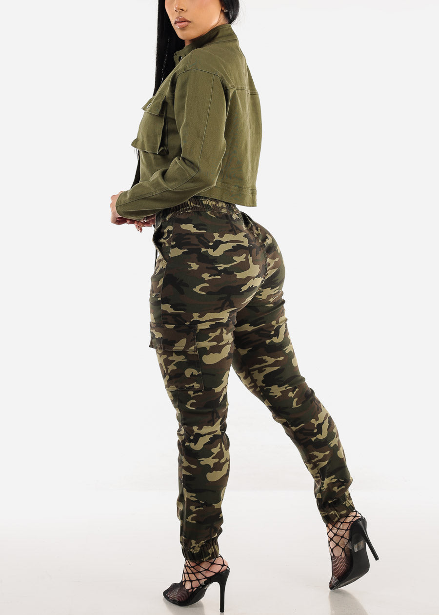 Drawstring Waist Hyper Stretch Camo Cargo Jogger Pants