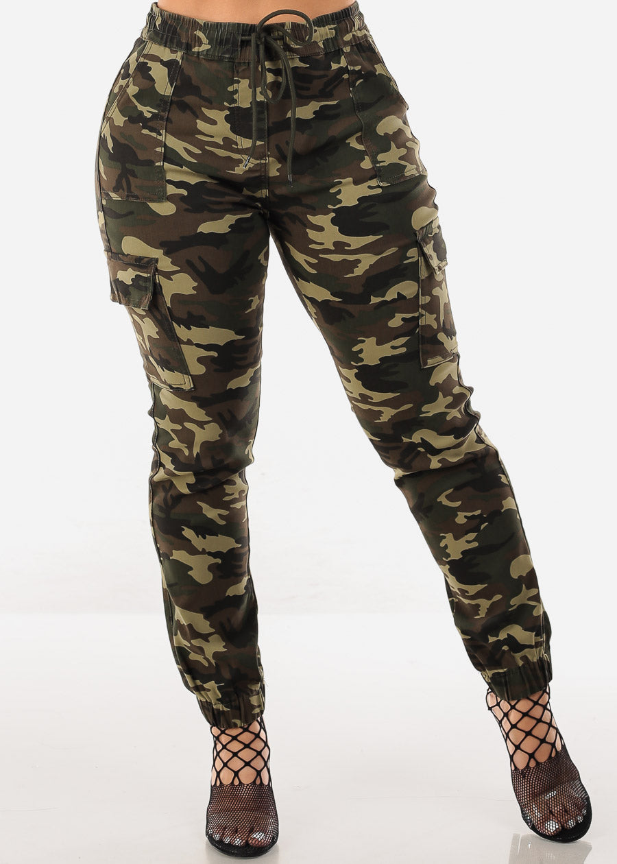 Drawstring Waist Hyper Stretch Camo Cargo Jogger Pants