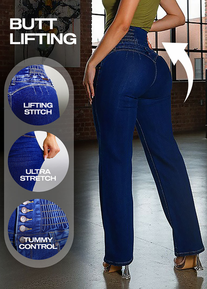 MX JEANS Butt Lift 5 Button Spandex Waist Straight Wide Leg Jeans Dark Wash