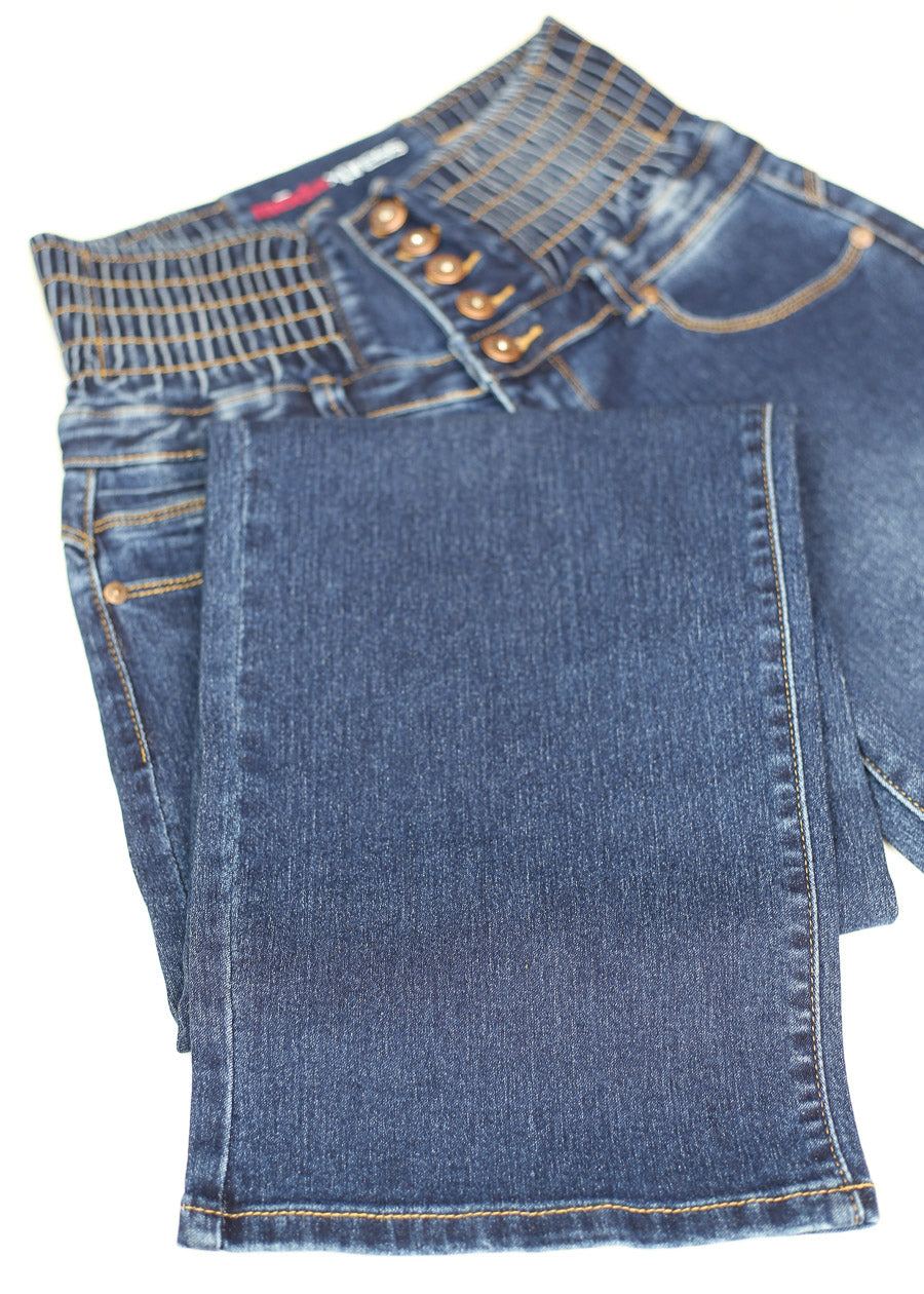 MX JEANS Butt Lift 5 Button Spandex Waist Straight Wide Leg Jeans Dark Wash