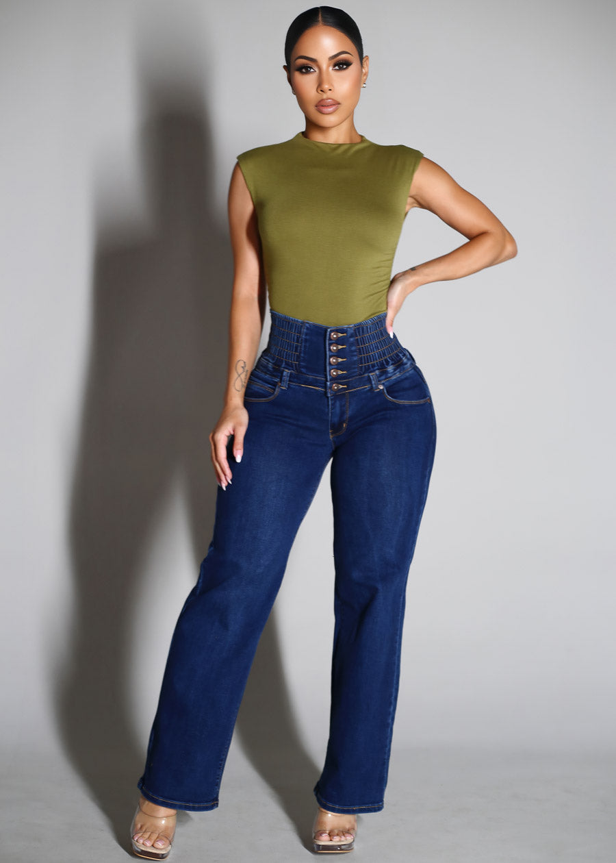 MX JEANS Butt Lift 5 Button Spandex Waist Straight Wide Leg Jeans Dark Wash