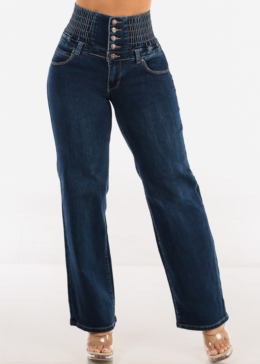 MX JEANS Butt Lift 5 Button Spandex Waist Straight Wide Leg Jeans Dark Wash