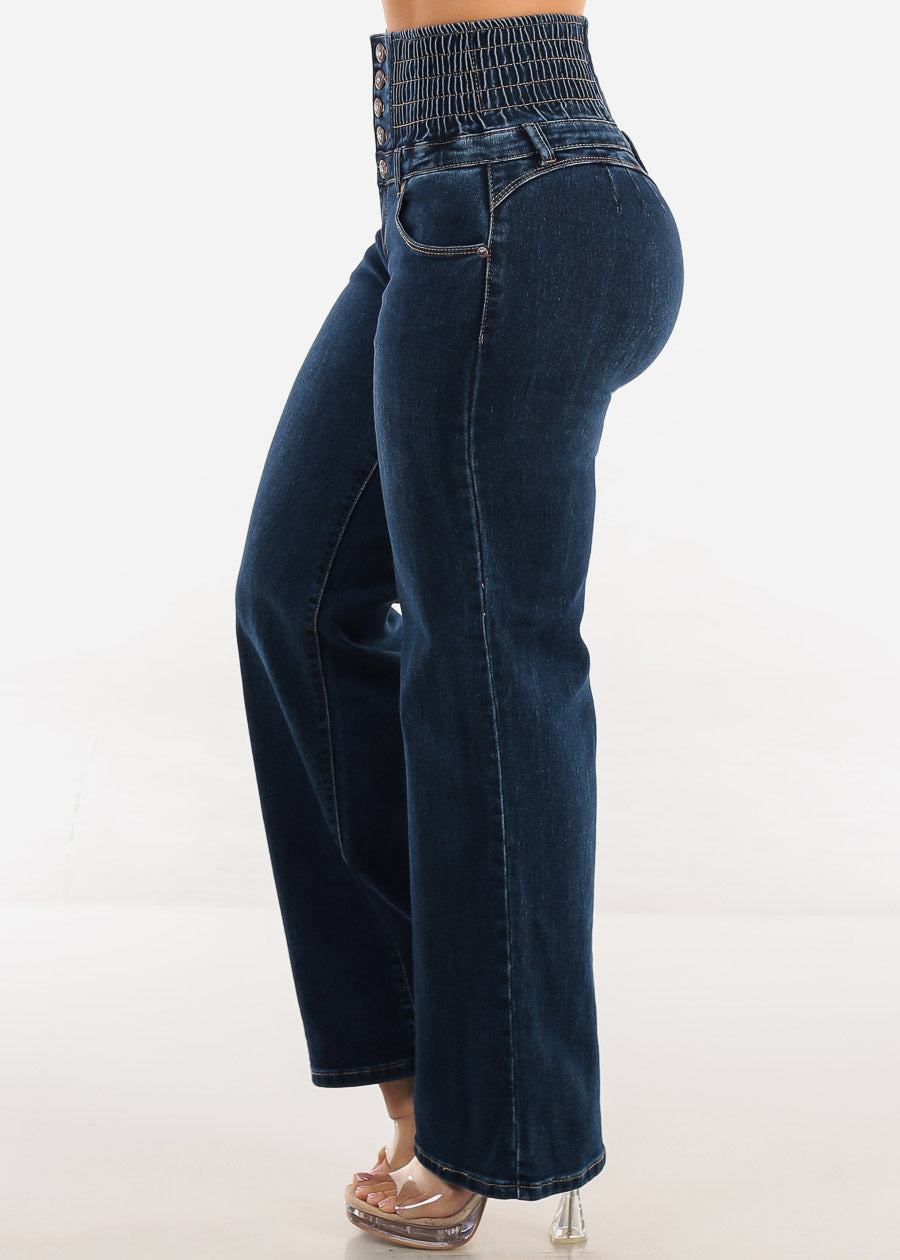 MX JEANS Butt Lift 5 Button Spandex Waist Straight Wide Leg Jeans Dark Wash