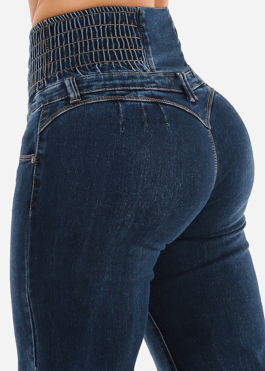 MX JEANS Butt Lift 5 Button Spandex Waist Straight Wide Leg Jeans Dark Wash