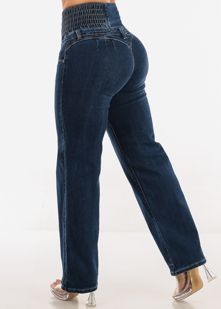 MX JEANS Butt Lift 5 Button Spandex Waist Straight Wide Leg Jeans Dark Wash