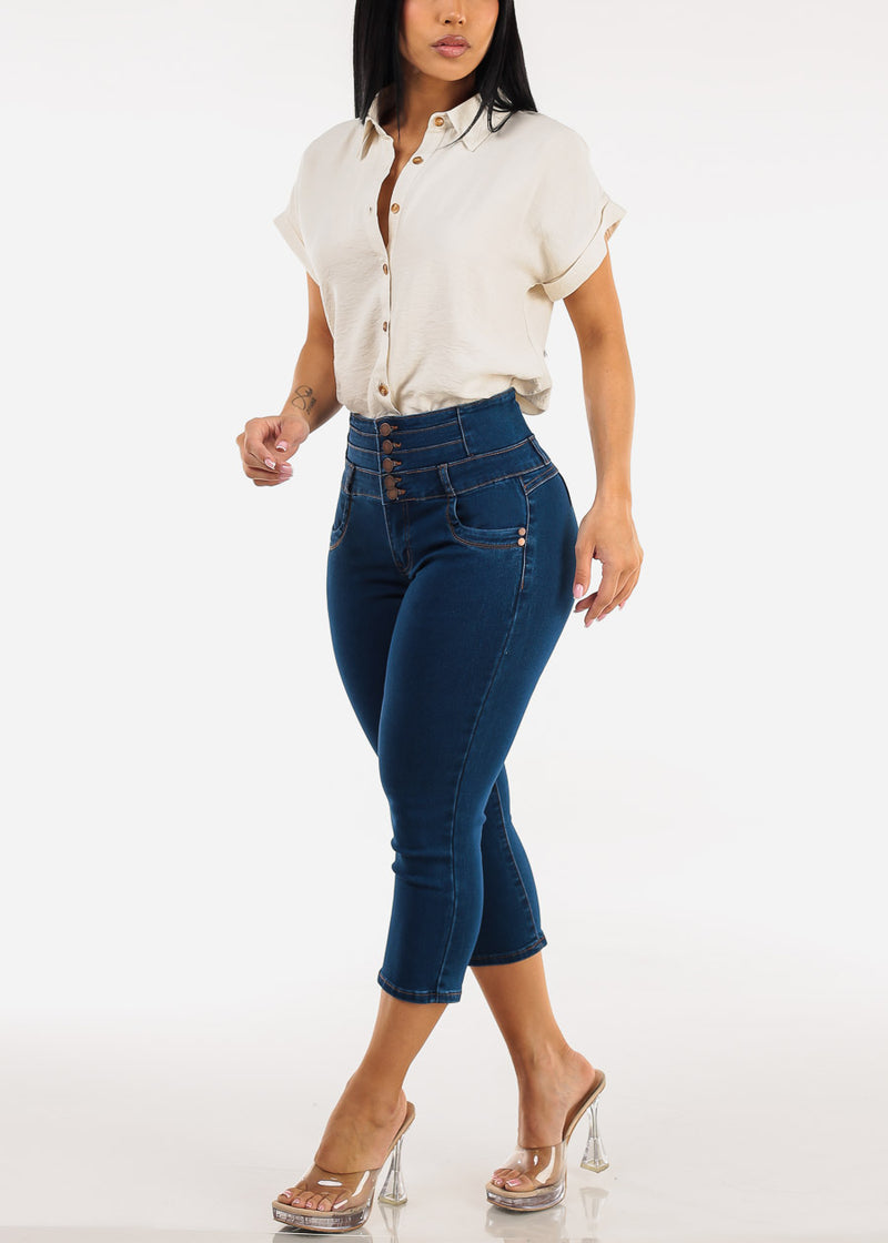MX JEANS Butt Lift Thick Waist Stretchy Dark Denim Capris
