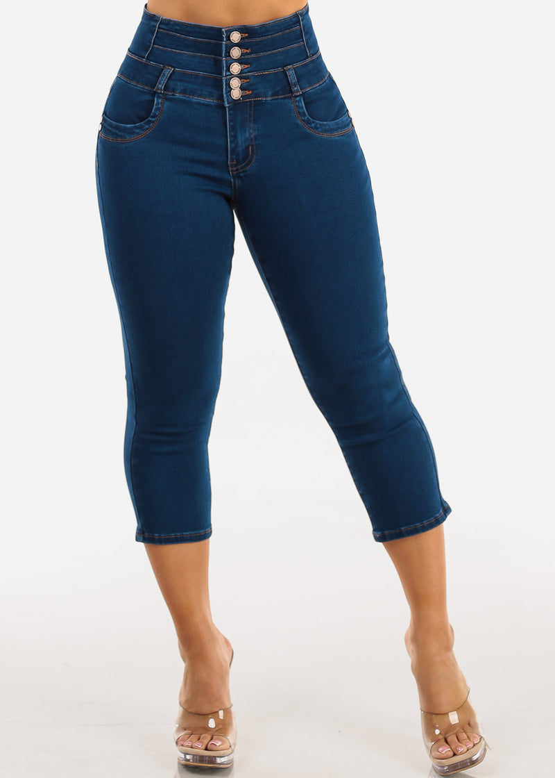MX JEANS Butt Lift Thick Waist Stretchy Dark Denim Capris