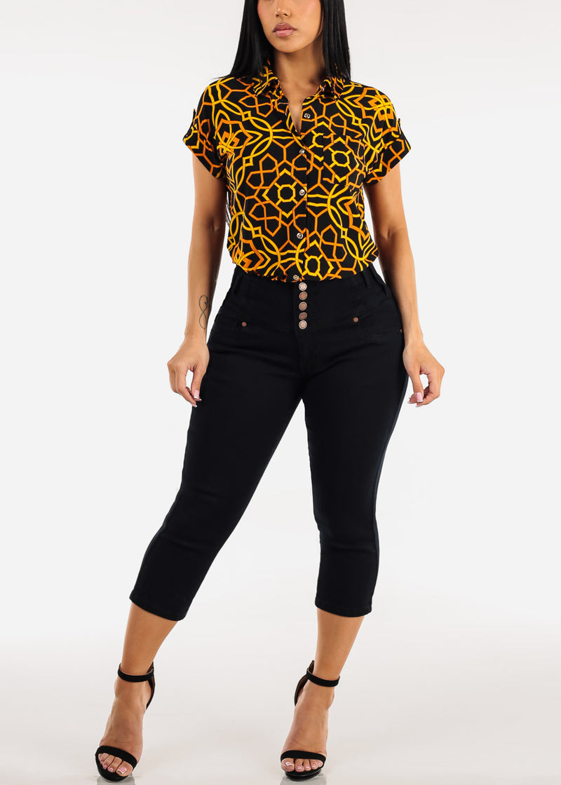MX JEANS Butt Lift High Waist Black Stretch Denim Capris