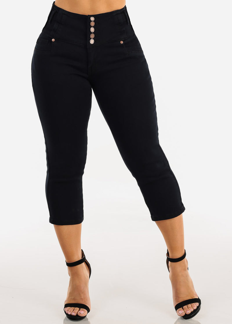 MX JEANS Butt Lift High Waist Black Stretch Denim Capris