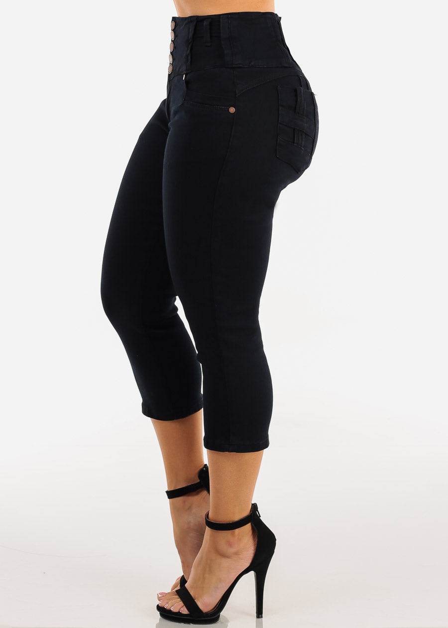 MX JEANS Butt Lift High Waist Black Stretch Denim Capris