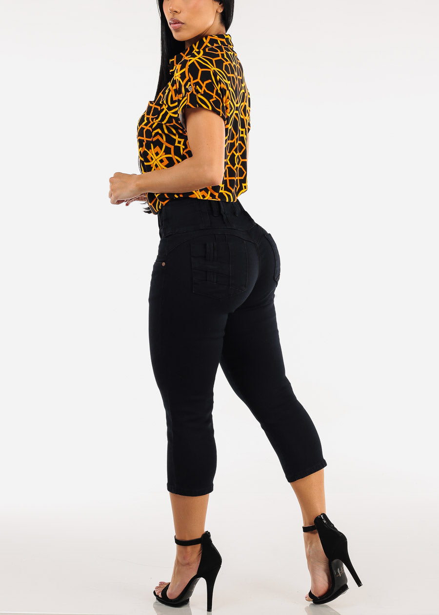 MX JEANS Butt Lift High Waist Black Stretch Denim Capris
