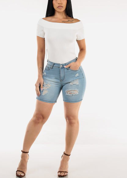 Stretchy Mid Rise Mid Thigh Ripped Light Denim Shorts