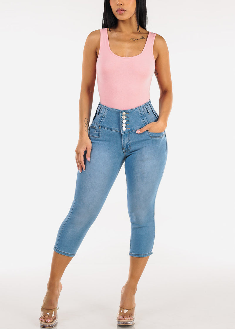 MX JEANS Butt Lift High Waist Stretch Denim Capris Light Blue