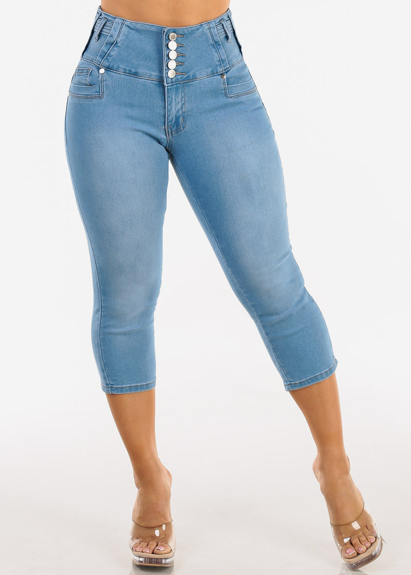 MX JEANS Butt Lift High Waist Stretch Denim Capris Light Blue