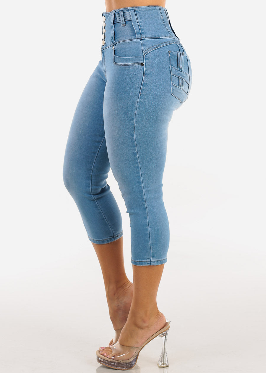 MX JEANS Butt Lift High Waist Stretch Denim Capris Light Blue