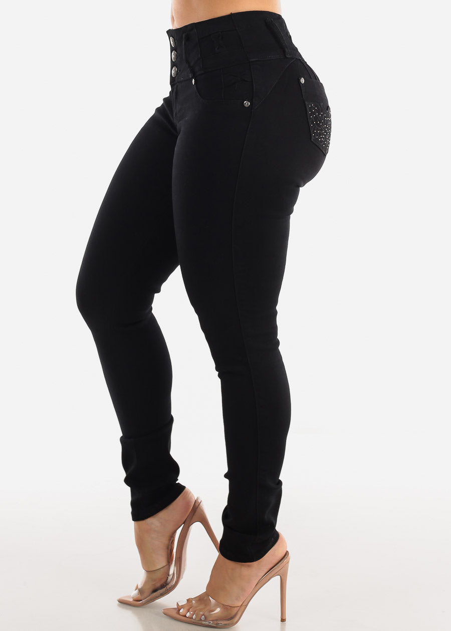 MX JEANS Black Butt Lift Jeans with Rhinestone Pockets