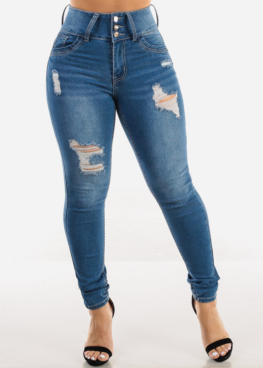 Butt Lift Super High Waist Ripped Skinny Jeans Med Blue