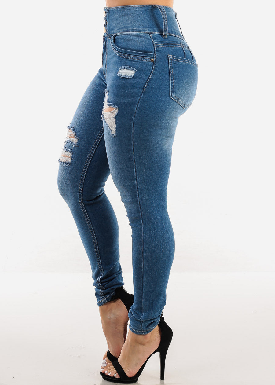 Butt Lift Super High Waist Ripped Skinny Jeans Med Blue