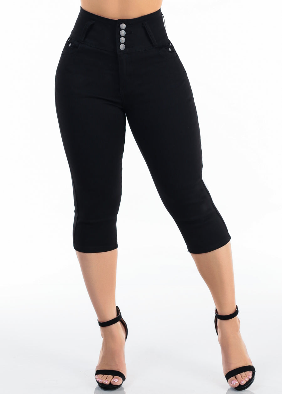 MX JEANS Levantacola Super High Waisted Stretch Denim Capris Black