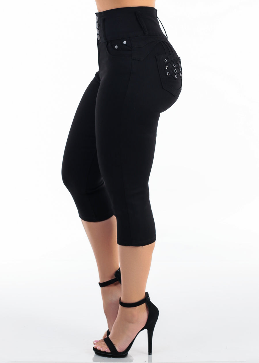 MX JEANS Levantacola Super High Waisted Stretch Denim Capris Black