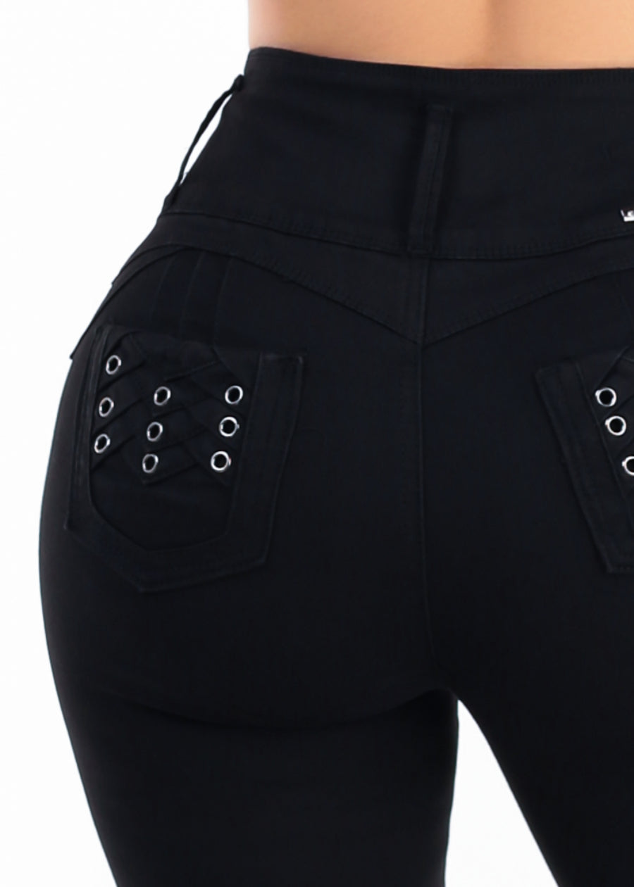 MX JEANS Levantacola Super High Waisted Stretch Denim Capris Black