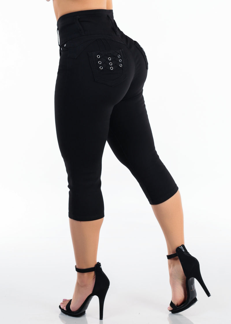 MX JEANS Levantacola Super High Waisted Stretch Denim Capris Black