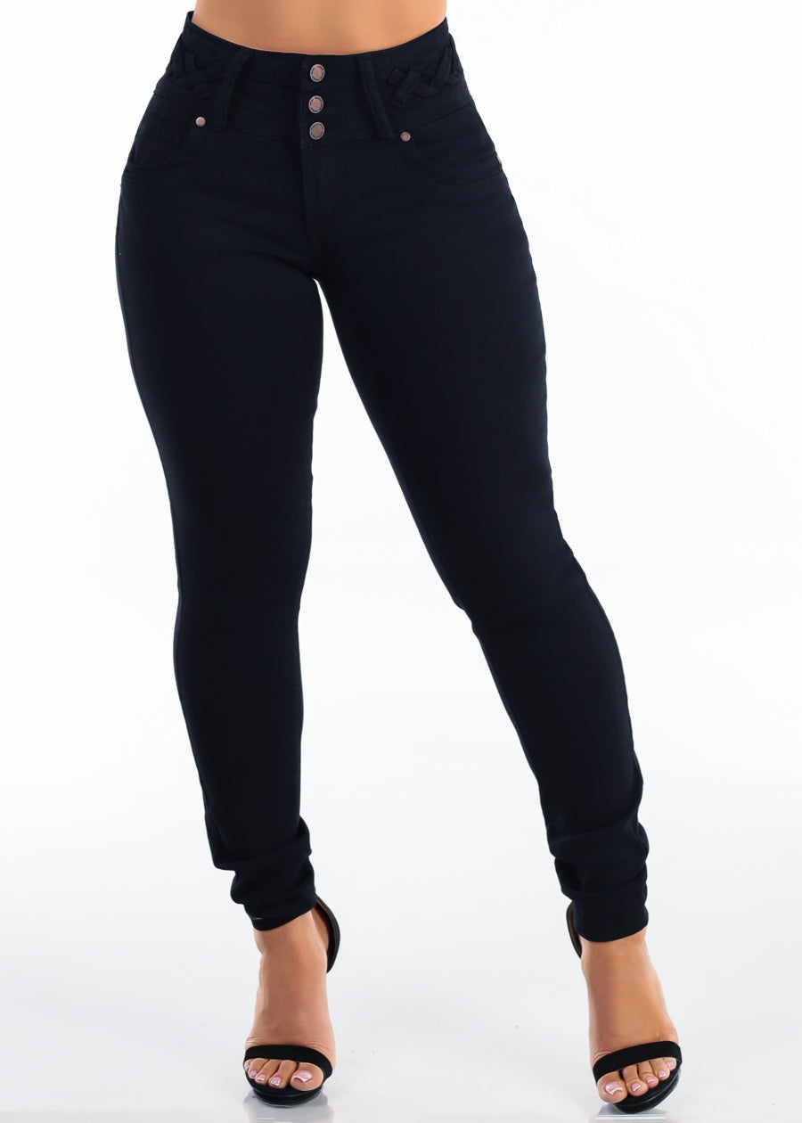 MX JEANS Butt Lift High Waist Stretch Skinny Jeans Black w Lace Up Design