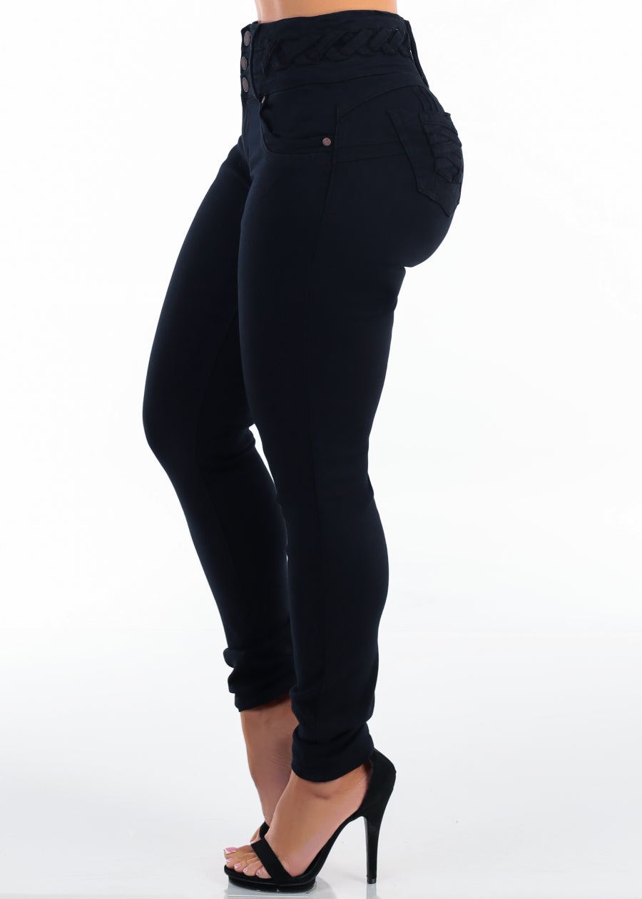 MX JEANS Butt Lift High Waist Stretch Skinny Jeans Black w Lace Up Design