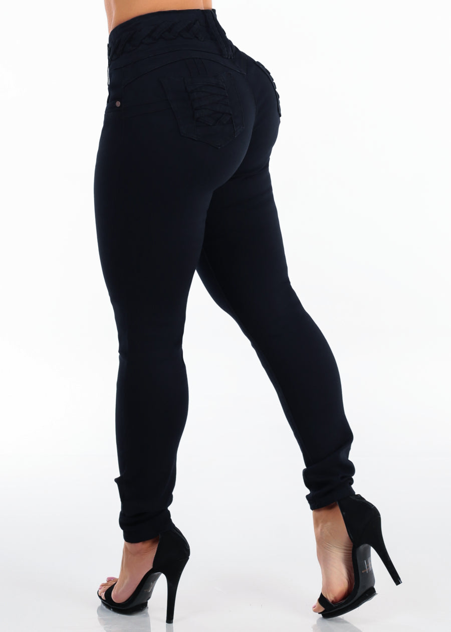 MX JEANS Butt Lift High Waist Stretch Skinny Jeans Black w Lace Up Design