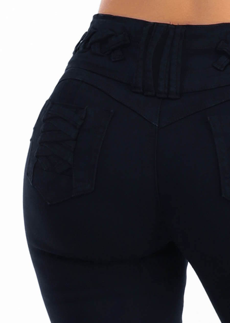 MX JEANS Butt Lift High Waist Stretch Skinny Jeans Black w Lace Up Design