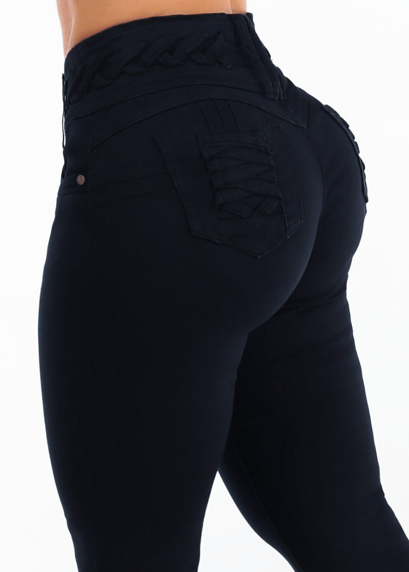 MX JEANS Butt Lift High Waist Stretch Skinny Jeans Black w Lace Up Design