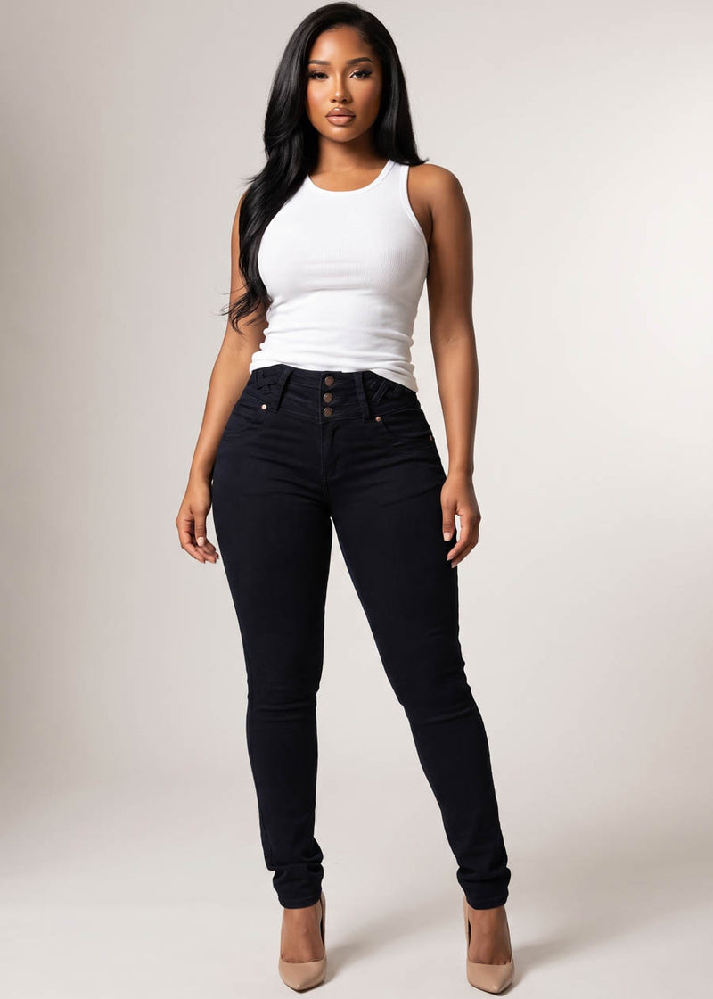 MX JEANS Butt Lift High Waist Stretch Skinny Jeans Black w Lace Up Design