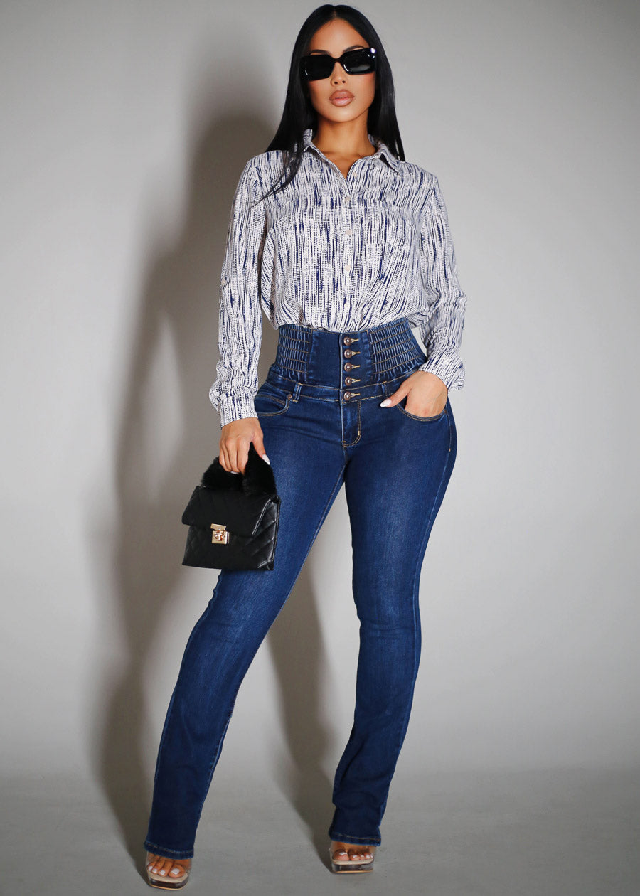 MX JEANS 5 Button Spandex Waist Bootcut Jeans Dark Wash