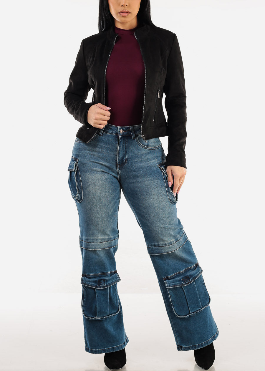 High Waist Med Blue Straight Wide Leg Cargo Jeans