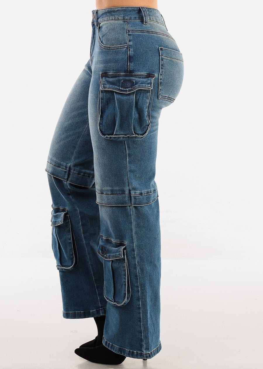 High Waist Med Blue Straight Wide Leg Cargo Jeans