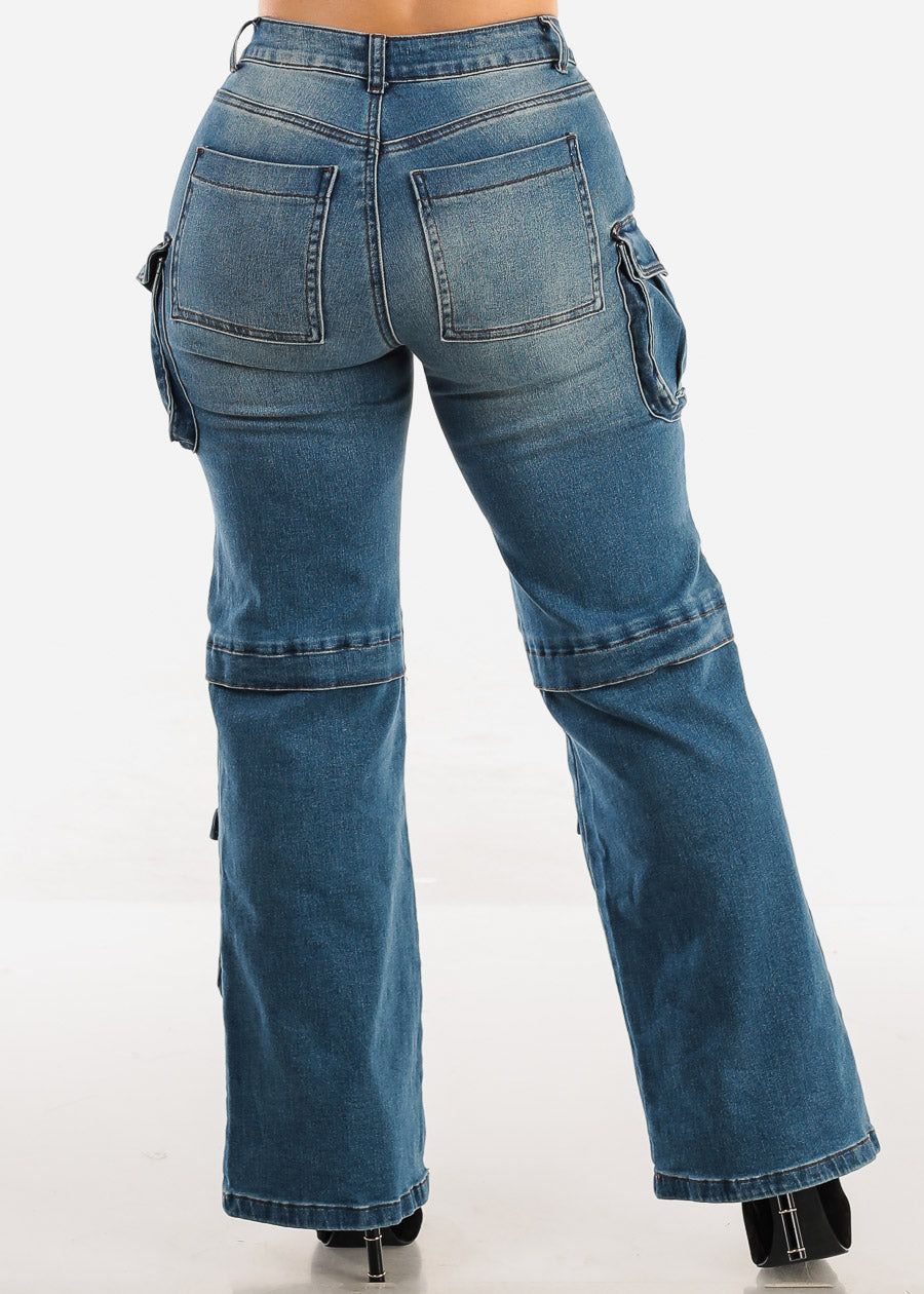 High Waist Med Blue Straight Wide Leg Cargo Jeans