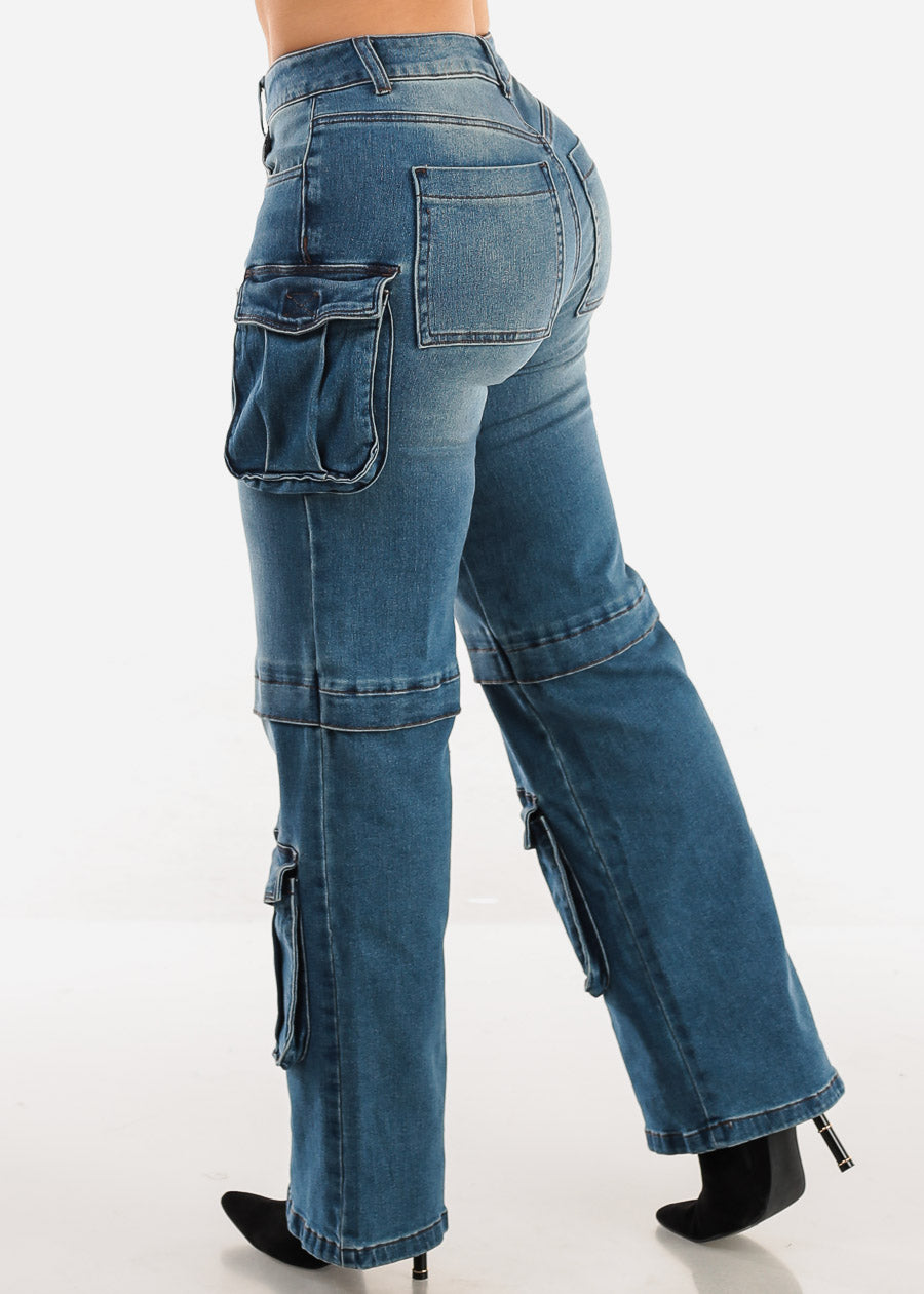 High Waist Med Blue Straight Wide Leg Cargo Jeans