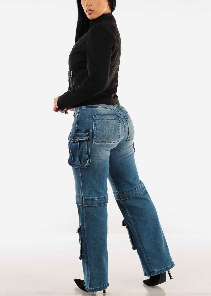 High Waist Med Blue Straight Wide Leg Cargo Jeans