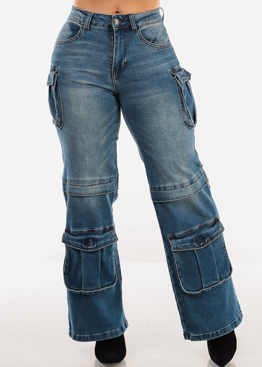 High Waist Med Blue Straight Wide Leg Cargo Jeans