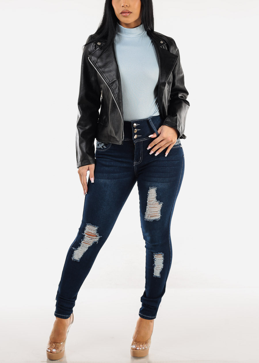 Butt Lift Super High Waist Ripped Skinny Jeans Dark Navy