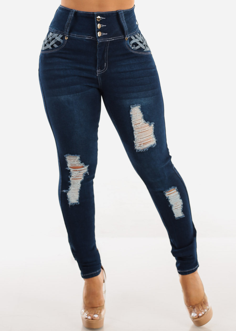 Butt Lift Super High Waist Ripped Skinny Jeans Dark Navy