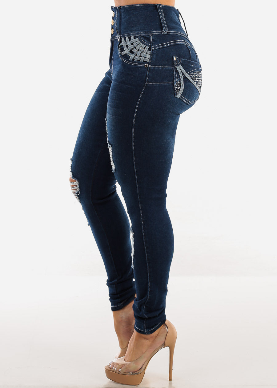 Butt Lift Super High Waist Ripped Skinny Jeans Dark Navy