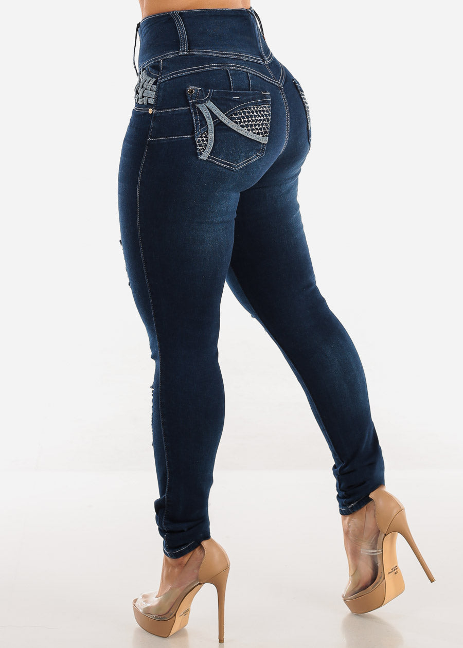 Butt Lift Super High Waist Ripped Skinny Jeans Dark Navy