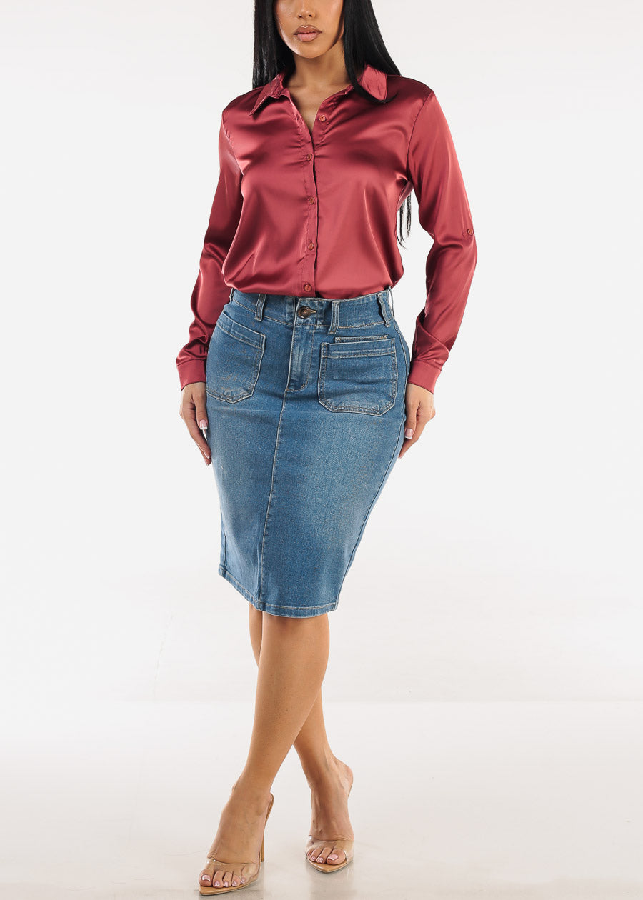 Butt Lift High Waist Stretch Denim Pencil Skirt Med Wash