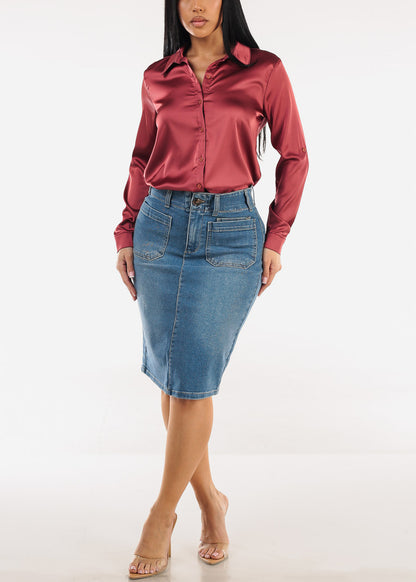 Butt Lift High Waist Stretch Denim Pencil Skirt Med Wash