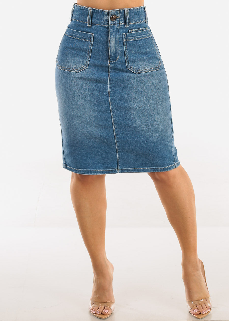 Butt Lift High Waist Stretch Denim Pencil Skirt Med Wash