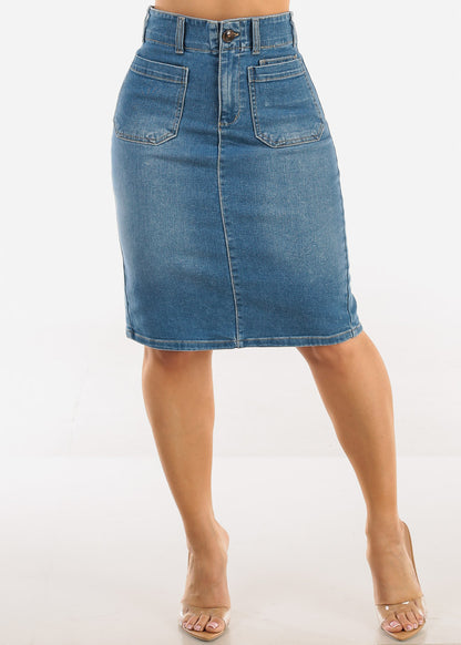 Butt Lift High Waist Stretch Denim Pencil Skirt Med Wash